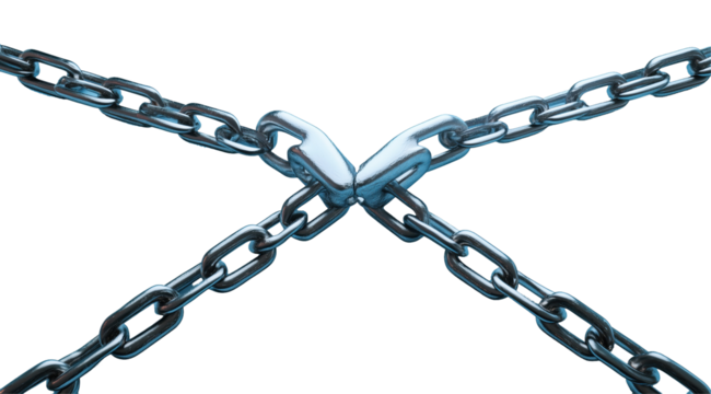 Interlocked Chains: Metallic links intersect in a powerful display, symbolizing connection, strength, and the intricate nature of interwoven elements.