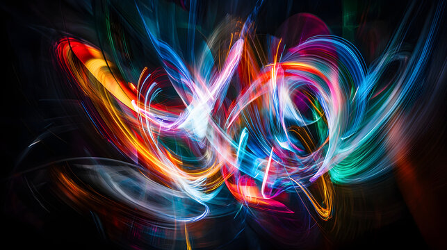 Light Abstract: A mesmerizing display of vibrant light trails, creating an abstract composition with dynamic, colorful streaks against a dark background. Evoking a sense of energy and movement.