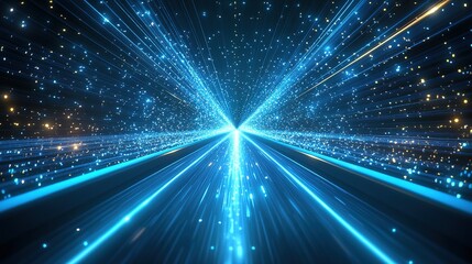 Naklejka premium Blue background with light speed effect, vector illustration, flat design, gradient tech-style, symmetrical composition, high-definition elegance, technological innovation, time glow, space flight, fu