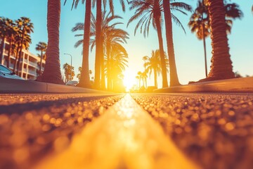 California Boulevard at Sunset with Palm Trees, Warm Golden Sky, Swaying Palms, Deep Silhouette, Mesmerizing Gradient of Yellow and Indigo, Long Shadows, Scenic Sunset View