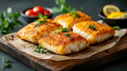 This image showcases perfectly grilled cod filets, seasoned to perfection, served on a wooden board garnished with fresh herbs, halved tomatoes, and lemon wedges.