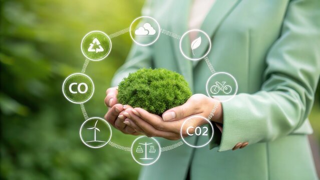 Woman in a green jacket holds a small green plant in her hands, surrounded by a circular graphic representing environmental icons and CO2 reduction