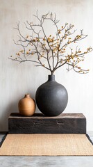 Earthy vase arrangement on wooden platform
