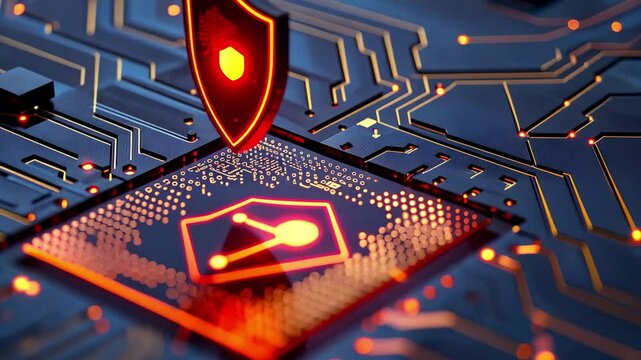 A microchip featuring a shield icon symbolizes cybersecurity, illuminated by vibrant circuit board lights that highlight technological advancements.