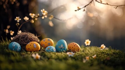 Easter eggs in a nest on grass
