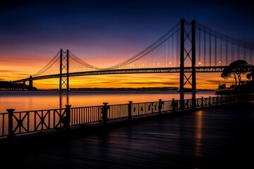 Obraz premium A view of the 25 de Abril Bridge at sunrise, with golden light reflecting on the Tagus River