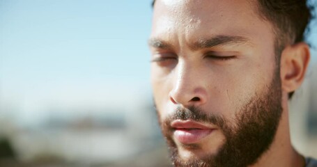 Man, thinking and fitness with breathing in city with space, sky or perspective for sports in summer. Person, athlete and face with exercise, workout and training to prepare for marathon in Colombia