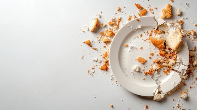 A cracked plate surrounded by breadcrumbs and exploded shards emphasizes the encounter between life and waste, capturing the ephemeral quality of meals and moments shared.