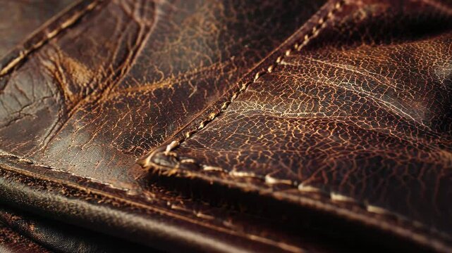 A detailed view of a vintage leather wallet, highlighting the unique textures, rich brown hues, and precise stitching that add to its character and charm.