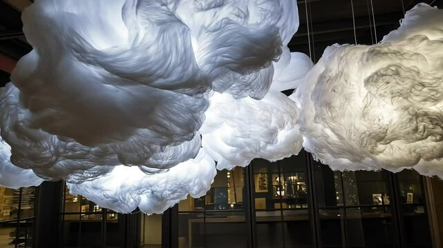 Illuminated cloud sculptures hang in museum hall