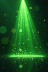 Flickering light green particles dance in abstract stage background, neon lights, bokeh, sparkles