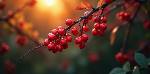 Fiery red berries hanging from a burning bush branch, wood, berries of burning bush