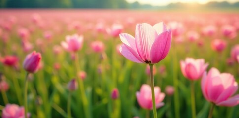 A field of pink tinted flowers swaying gently in the breeze on an uncultivated paddy field, botanical, petals