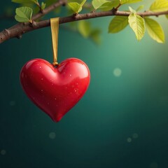 Heart-shaped gold ribbon hanging from a branch, hanging, gold ribbon