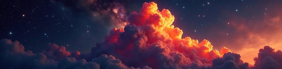 Fiery powder cloud rises against the inky blackness of space, starry, astronomy