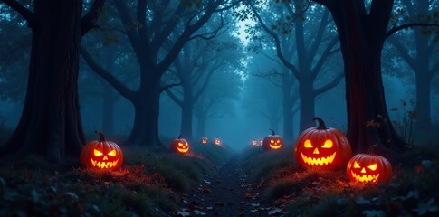 Dark forest with glowing jack o lanterns, twisted trees and misty fog, twilight, halloween