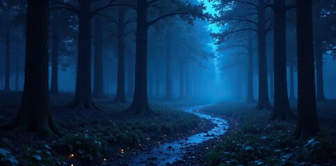 A dark forest with a serpentine path of twinkling blue stars, starlight, nocturnal, mysterious