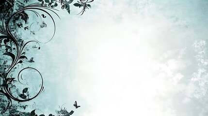 Dark floral patterns and butterflies adorning a faded blue background