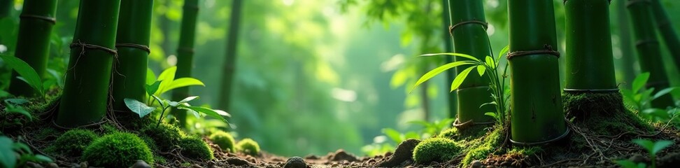 Mature bamboo culm with epiphytes growing on its stalks and roots, epiphytes, nature
