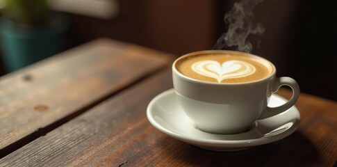 Steaming hot latte with frothy milk on a wooden table, table, dessert