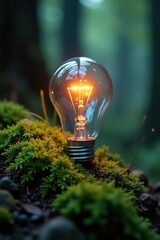 Solarized glass bulb nestled in moss and ferns, forestpunk, woodlandlight