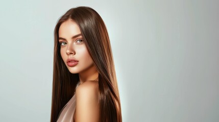 Naklejka premium Beautiful woman with long hair posing against a minimalist background 