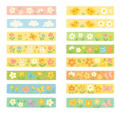 Cute spring-themed washi tape set featuring patterns like flowers, bunnies, butterflies, chicks, clouds, and Easter eggs on a transparent background