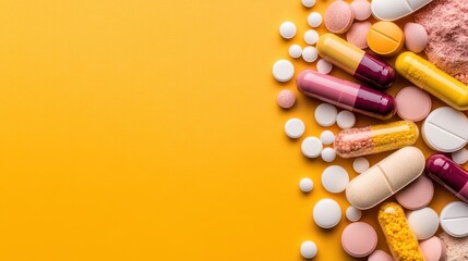 A collection of vibrant pills and capsules arranged on a bright yellow surface, highlighting the colorful nature of medications and health supplements in a striking visual.