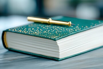 Dark Teal Leather Bound Book with Gold Pen