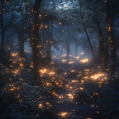 Glowing fireflies mystical forest enchanted night soft light dreamy magical landscape Photo