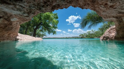 Obraz premium Crystal-clear lake view from a cave opening. Lush trees and a tranquil scene