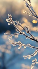Obraz premium Delicate frost crystals clinging to slender branches in winter sunlight