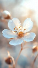 Delicate White Flower Blooming in Gentle Sunlight a Serene Floral Display