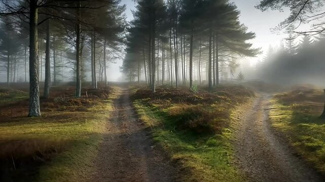 Misty forest path fork, sunrise, decision, nature