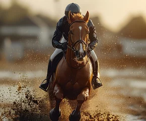 Fototapete Horse Racing: A dynamic image capturing a jockey in full gear riding a racehorse, both at full gallop on a muddy track, a testament to the speed, skill, and thrill of equestrian sport.  © Pir8prints