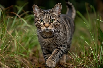 A cat walking through a field of tall grass, its tail flicking as it explores