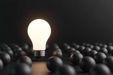 Futuristic LED Lightbulb Glowing with Warm Golden Hue in Field of Matte Black Bulbs, Concept of Innovation, Leadership, Rim Lighting, Dramatic Shadows, Energy Technology