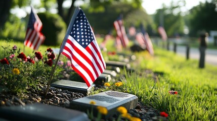 Remembering with Flags Honoring Veterans in Cemetery Memorial Day Scene