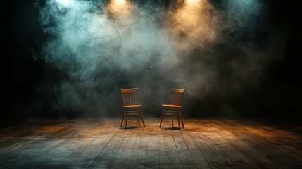 A dramatic stage setting features two empty chairs bathed in soft light and surrounded by swirling fog, evoking feelings of anticipation and mystery for the audience.