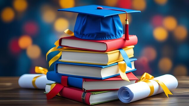 Book with a graduation cap on top, against a simple gray background