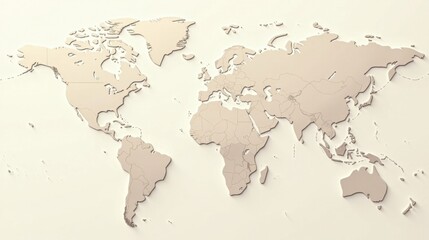 Obraz premium A Detailed Embossed World Map Depicting All Continents and Their National Boundaries in a Neutral Beige Hue on a Pale Background