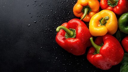 A vibrant display of colorful bell peppers against a dark background, glistening with water droplets, ideal for various culinary themes and appealing to health-conscious audiences.