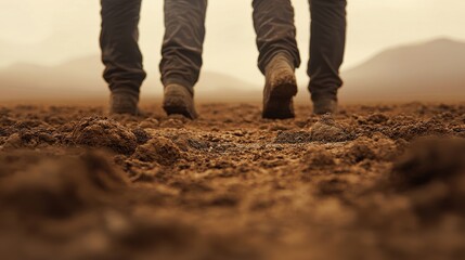 Two People Walking on Dry Cracked Earth Dusty Landscape Footprints in Soil