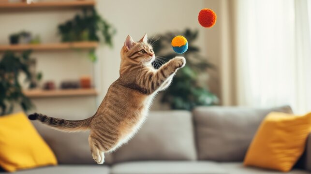 Playful Kitten in Mid-Air, Catching a Ball
