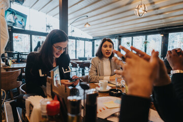 A team of business colleagues engaged in productive discussion in a bright cafe setting. The image...