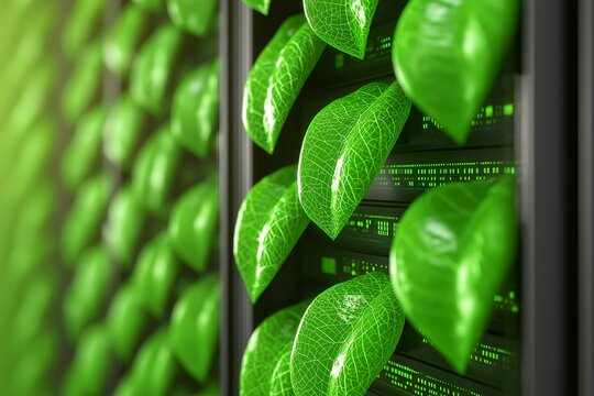 AI-Powered Green Server Room with Liquid-Cooled Racks, Holographic Data Charts, Smart Glass Walls, Digital Rain, Efficiency Metrics, High-Tech Data Center