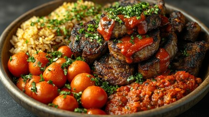 Grilled beef, rice, and cherry tomatoes