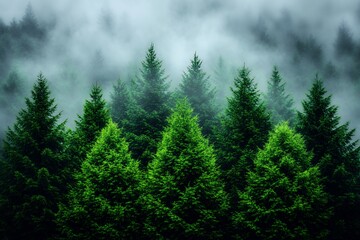 Majestic Evergreen Forest Misty Mountain Landscape Nature Scenery Tranquil Green Trees Foggy Atmosphere Serene Peaceful Woods fir art eco
