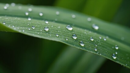 Naklejka premium Close-Up of a Green Leaf with Dew Droplets Reflecting Natural Beauty in Lush Environment with Soft Focus Background
