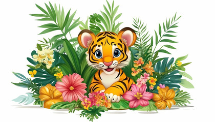 Adorable Tiger Cub Amidst Lush Tropical Blooms